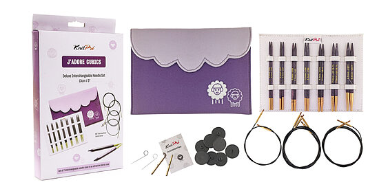 Set med fyrkantiga cirkulära trästänger med utbytbara munstycken J'Adore Cubics, KnitPro 19301